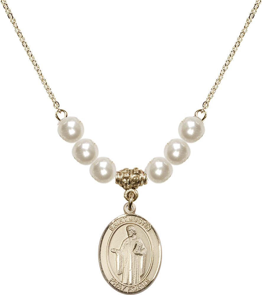 14kt Gold Filled Saint Justin Birthstone Necklace with Faux-Pearl Beads - 8052