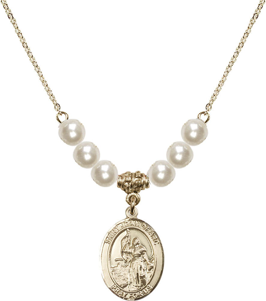 14kt Gold Filled Saint Joan of Arc Birthstone Necklace with Faux-Pearl Beads - 8053