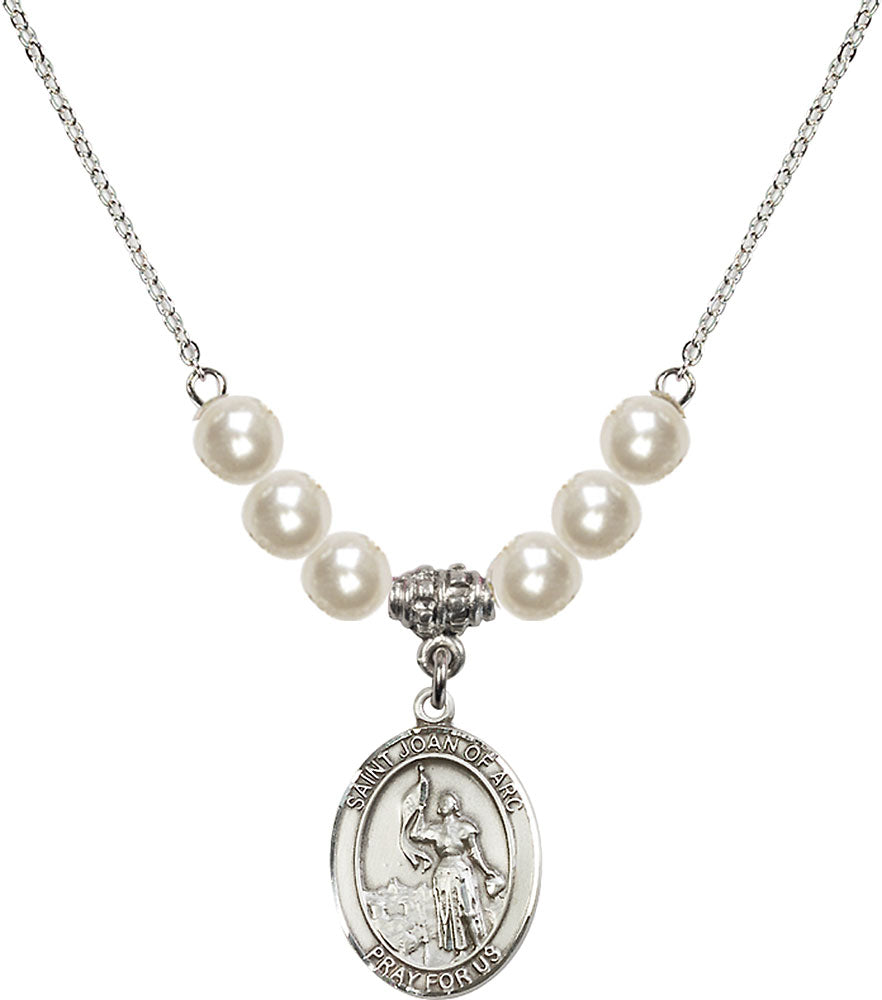 Sterling Silver Saint Joan of Arc Birthstone Necklace with Faux-Pearl Beads - 8053