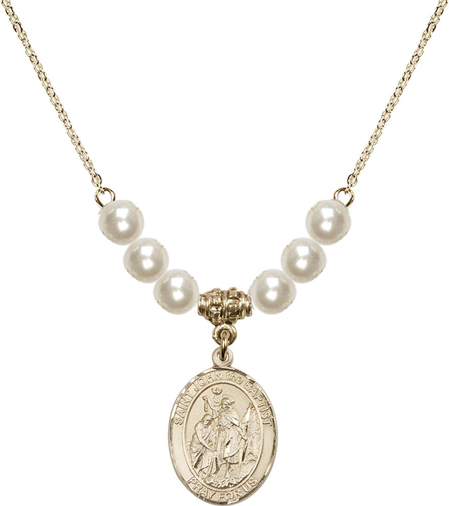 14kt Gold Filled Saint John the Baptist Birthstone Necklace with Faux-Pearl Beads - 8054