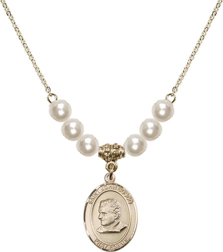 14kt Gold Filled Saint John Bosco Birthstone Necklace with Faux-Pearl Beads - 8055