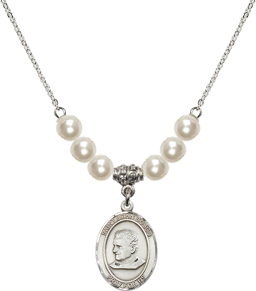 Sterling Silver Saint John Bosco Birthstone Necklace with Faux-Pearl Beads - 8055