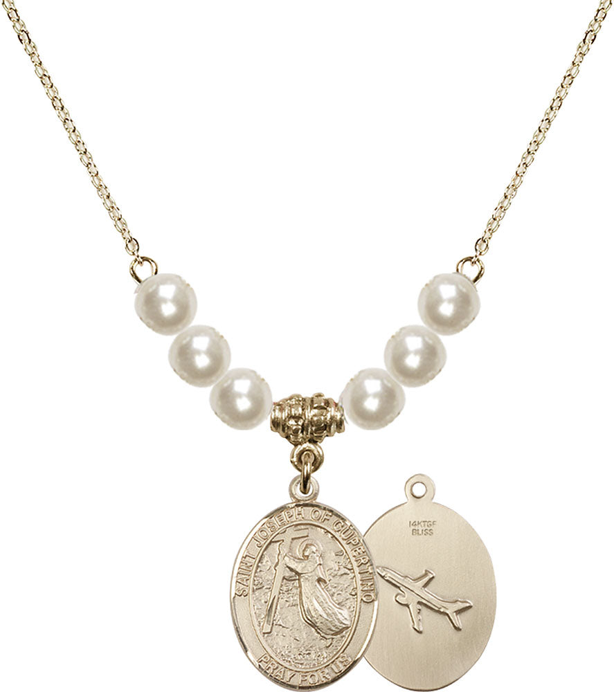 14kt Gold Filled Saint Joseph of Cupertino Birthstone Necklace with Faux-Pearl Beads - 8057
