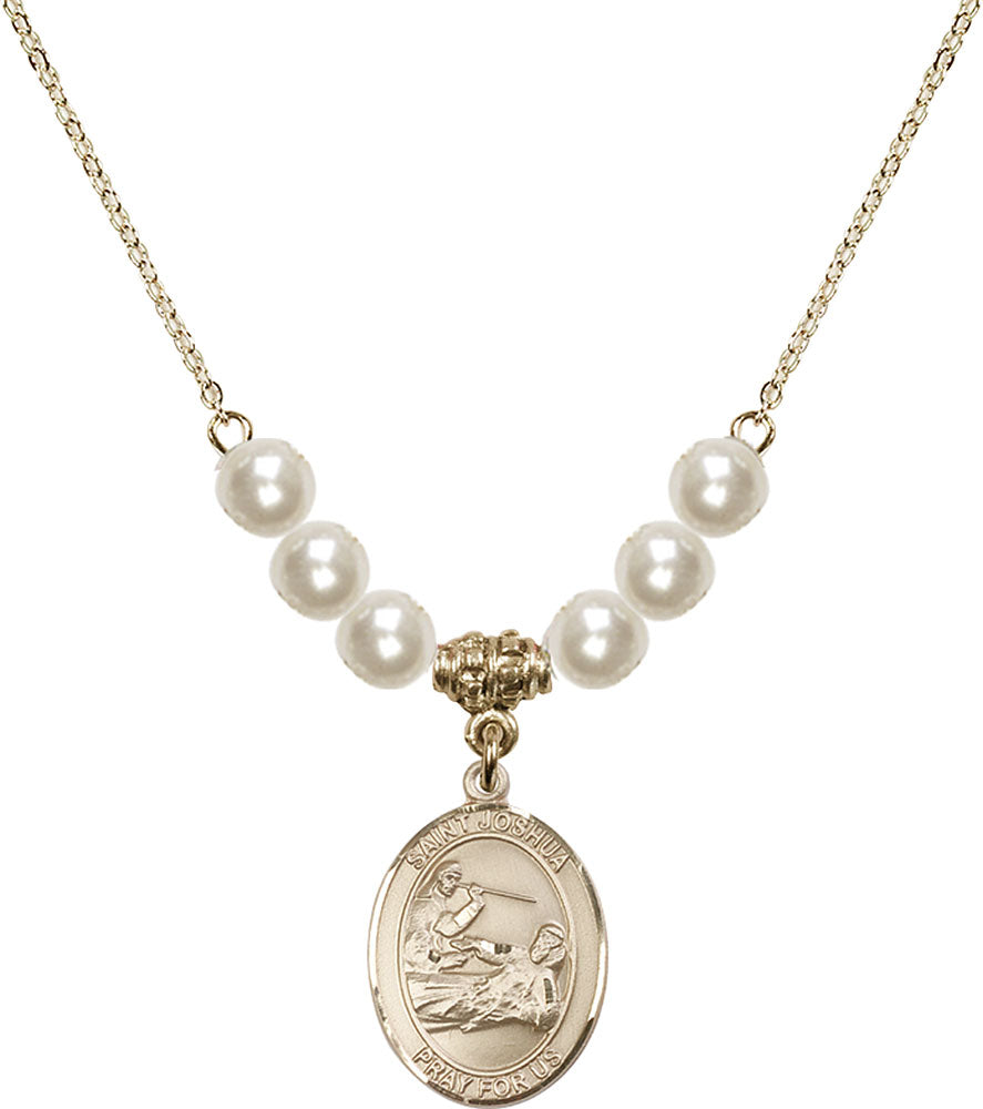 14kt Gold Filled Saint Joshua Birthstone Necklace with Faux-Pearl Beads - 8059