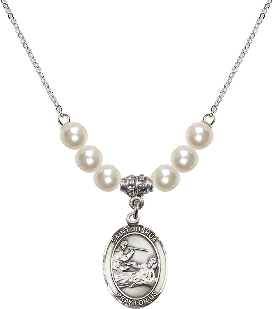 Sterling Silver Saint Joshua Birthstone Necklace with Faux-Pearl Beads - 8059