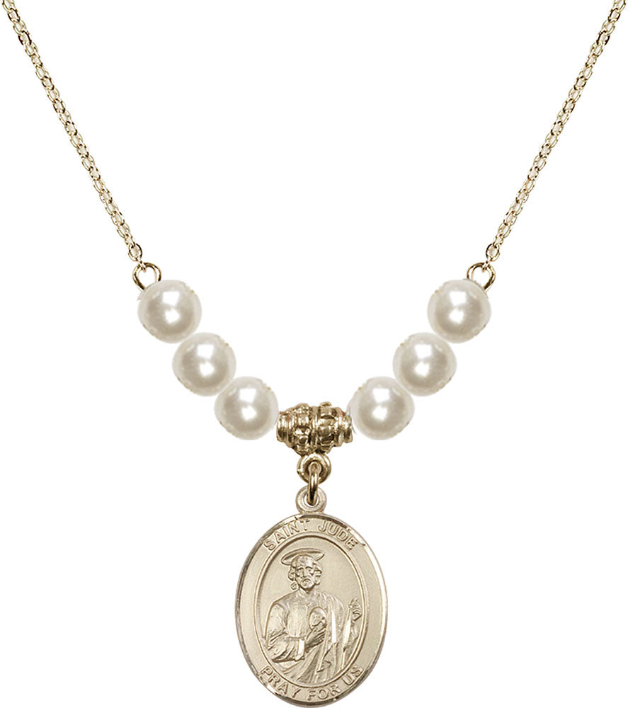 14kt Gold Filled Saint Jude Thaddeus Birthstone Necklace with Faux-Pearl Beads - 8060