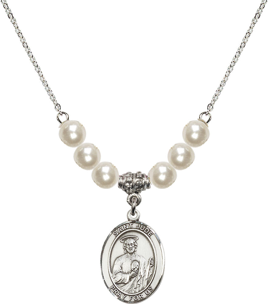 Sterling Silver Saint Jude Thaddeus Birthstone Necklace with Faux-Pearl Beads - 8060