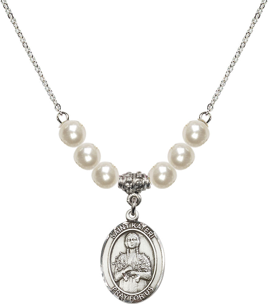 Sterling Silver Saint Kateri Tekakwitha Birthstone Necklace with Faux-Pearl Beads - 8061