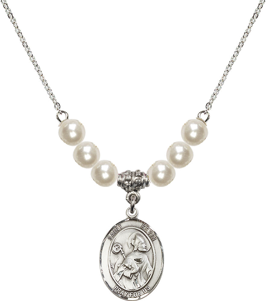 Sterling Silver Saint Kevin Birthstone Necklace with Faux-Pearl Beads - 8062