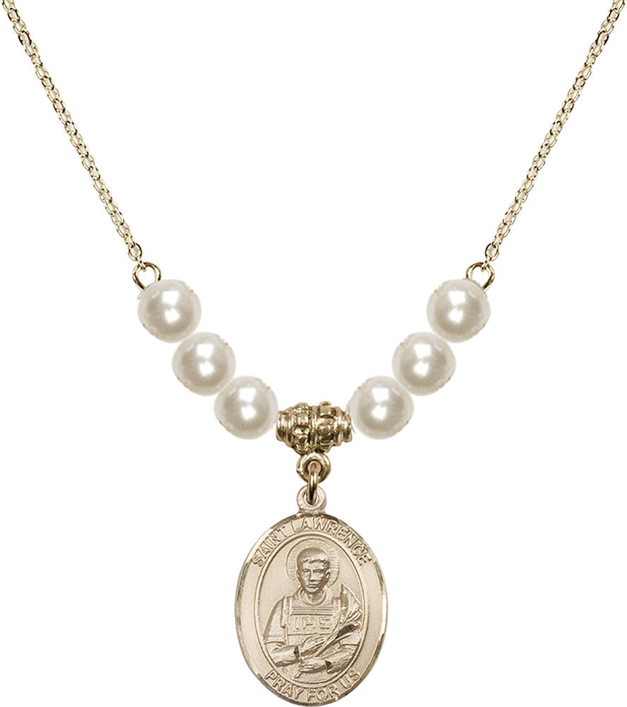 14kt Gold Filled Saint Lawrence Birthstone Necklace with Faux-Pearl Beads - 8063