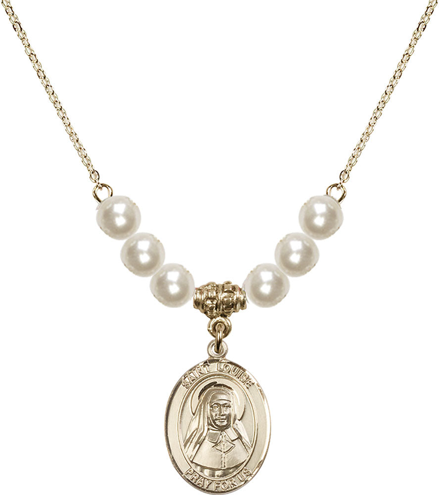 14kt Gold Filled Saint Louise de Marillac Birthstone Necklace with Faux-Pearl Beads - 8064