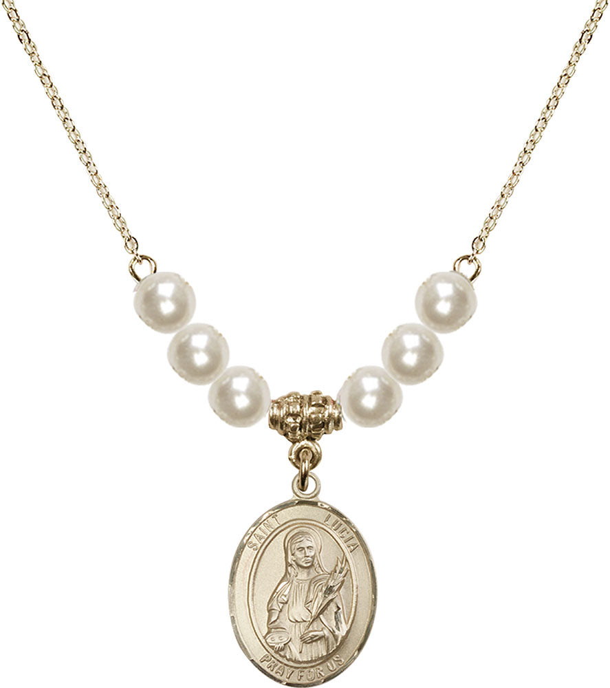 14kt Gold Filled Saint Lucia of Syracuse Birthstone Necklace with Faux-Pearl Beads - 8065