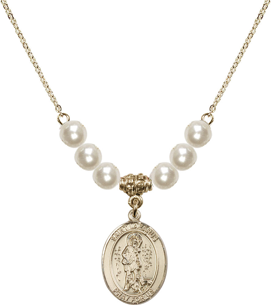 14kt Gold Filled Saint Lazarus Birthstone Necklace with Faux-Pearl Beads - 8066