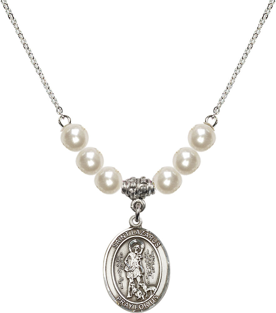 Sterling Silver Saint Lazarus Birthstone Necklace with Faux-Pearl Beads - 8066