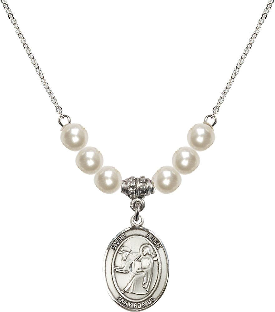 Sterling Silver Saint Luke the Apostle Birthstone Necklace with Faux-Pearl Beads - 8068