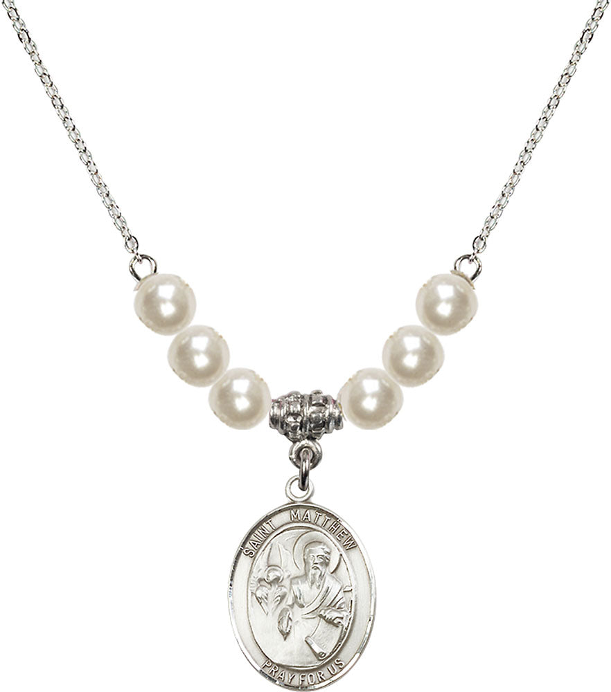 Sterling Silver Saint Matthew the Apostle Birthstone Necklace with Faux-Pearl Beads - 8074