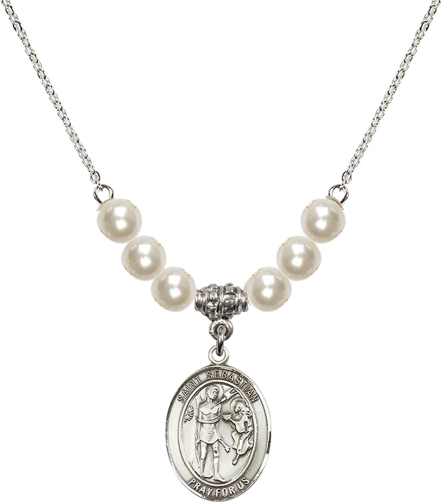 Sterling Silver Saint Sebastian Birthstone Necklace with Faux-Pearl Beads - 8100