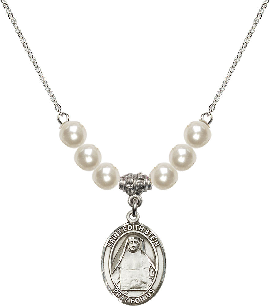 Sterling Silver Saint Edith Stein Birthstone Necklace with Faux-Pearl Beads - 8103