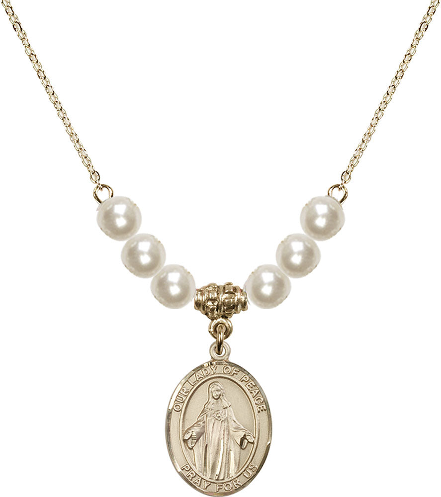 14kt Gold Filled Our Lady of Peace Birthstone Necklace with Faux-Pearl Beads - 8245