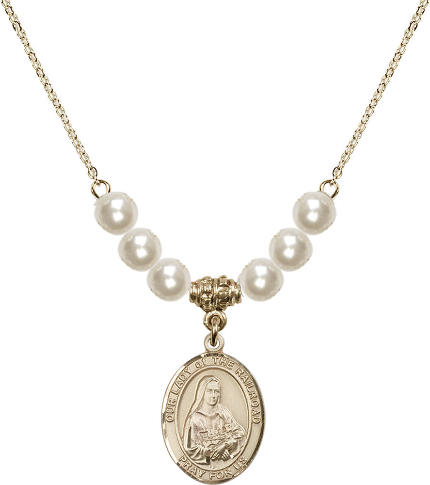 14kt Gold Filled Our Lady of the Railroad Birthstone Necklace with Faux-Pearl Beads - 8247