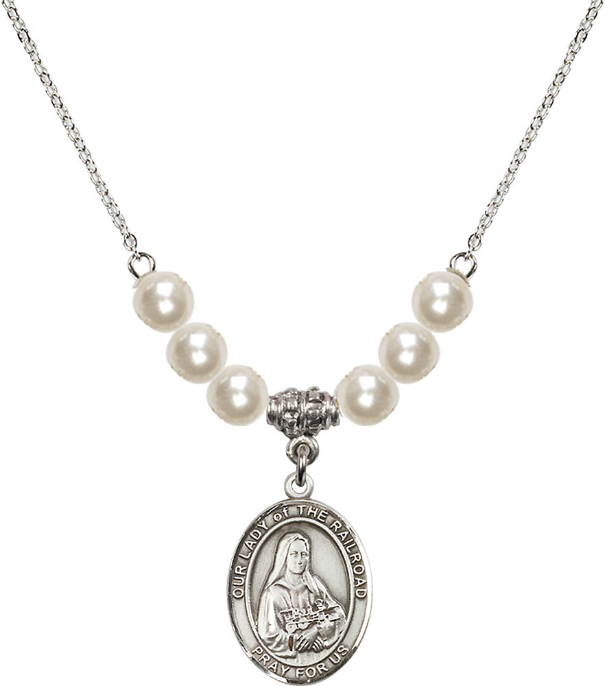 Sterling Silver Our Lady of the Railroad Birthstone Necklace with Faux-Pearl Beads - 8247