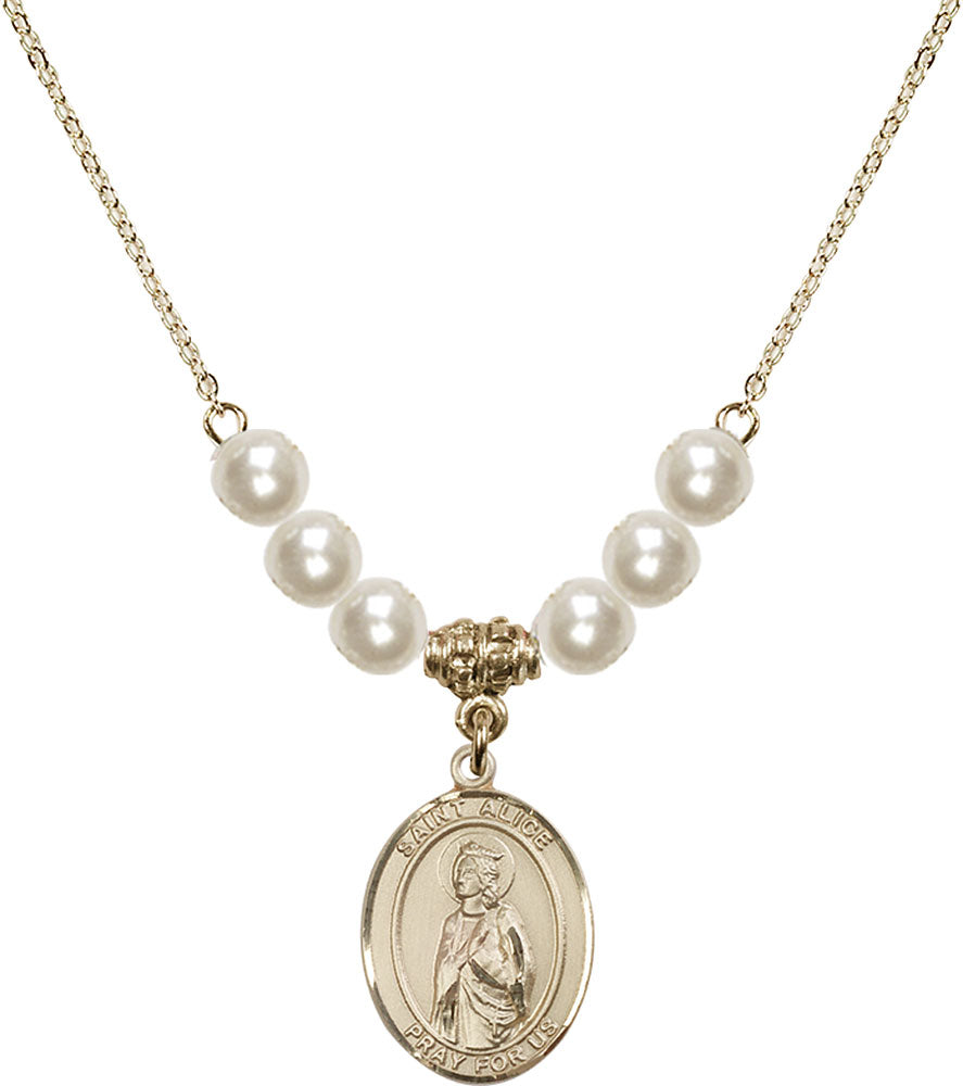 14kt Gold Filled Saint Alice Birthstone Necklace with Faux-Pearl Beads - 8248