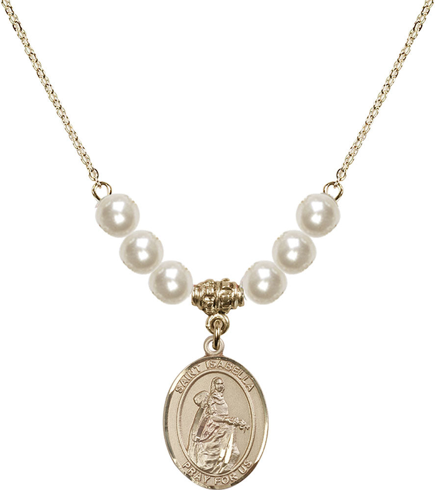 14kt Gold Filled Saint Isabella of Portugal Birthstone Necklace with Faux-Pearl Beads - 8250