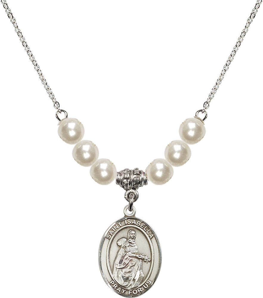 Sterling Silver Saint Isabella of Portugal Birthstone Necklace with Faux-Pearl Beads - 8250