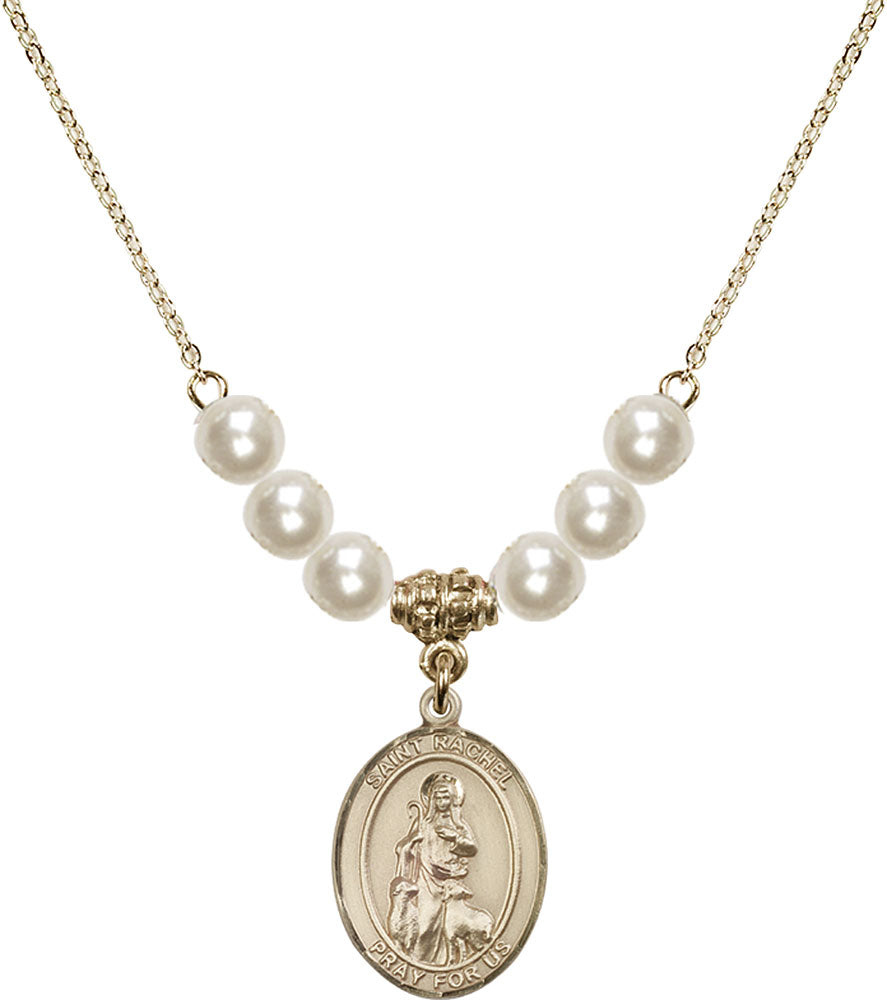 14kt Gold Filled Saint Rachel Birthstone Necklace with Faux-Pearl Beads - 8251