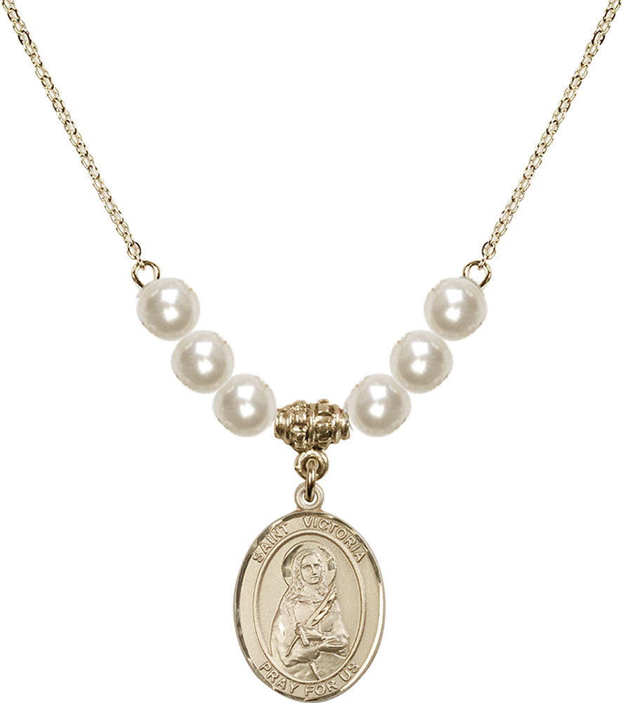 14kt Gold Filled Saint Victoria Birthstone Necklace with Faux-Pearl Beads - 8253