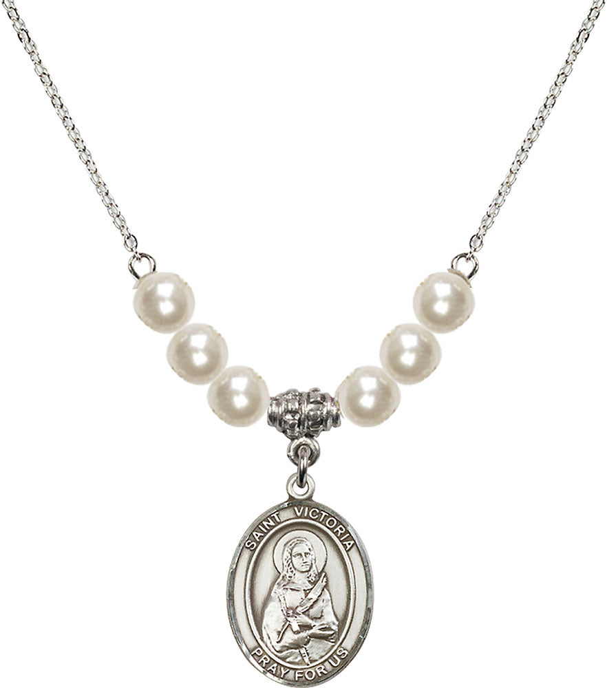 Sterling Silver Saint Victoria Birthstone Necklace with Faux-Pearl Beads - 8253