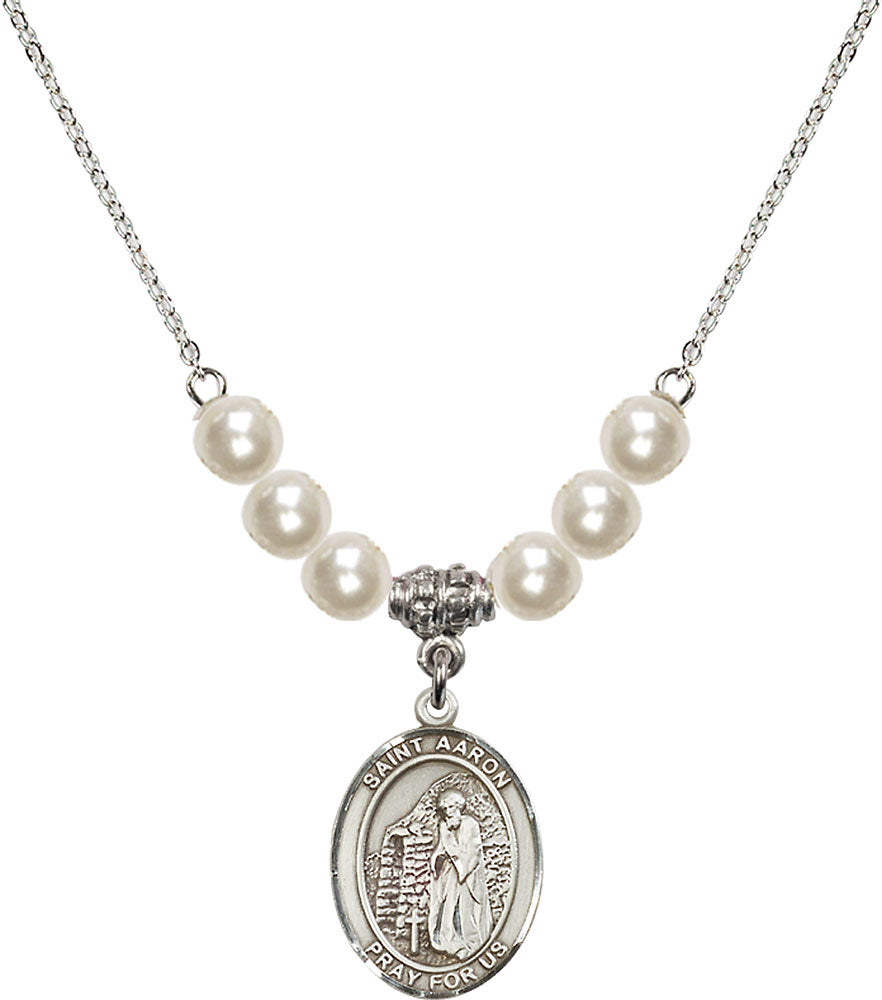 Sterling Silver Saint Aaron Birthstone Necklace with Faux-Pearl Beads - 8254