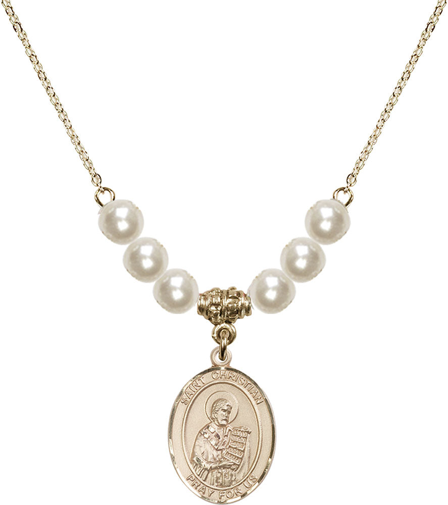 14kt Gold Filled Saint Christian Demosthenes Birthstone Necklace with Faux-Pearl Beads - 8257