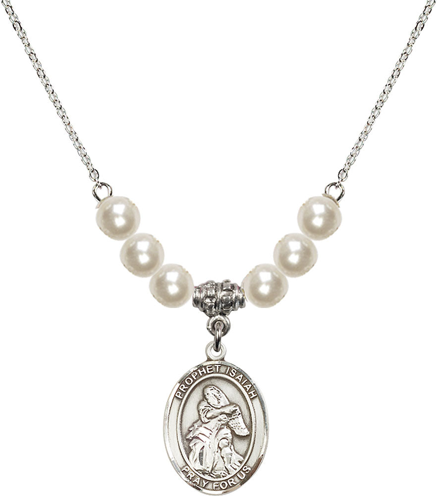 Sterling Silver Saint Isaiah Birthstone Necklace with Faux-Pearl Beads - 8258