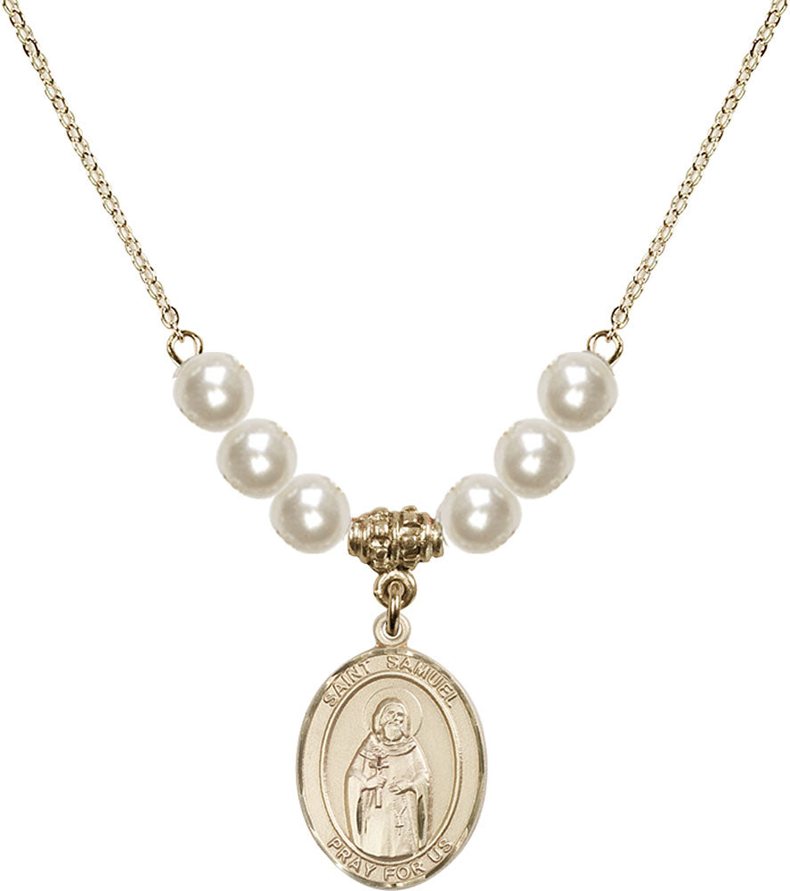 14kt Gold Filled Saint Samuel Birthstone Necklace with Faux-Pearl Beads - 8259