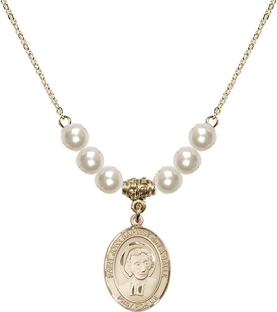 14kt Gold Filled Saint John Baptist de la Salle Birthstone Necklace with Faux-Pearl Beads - 8262