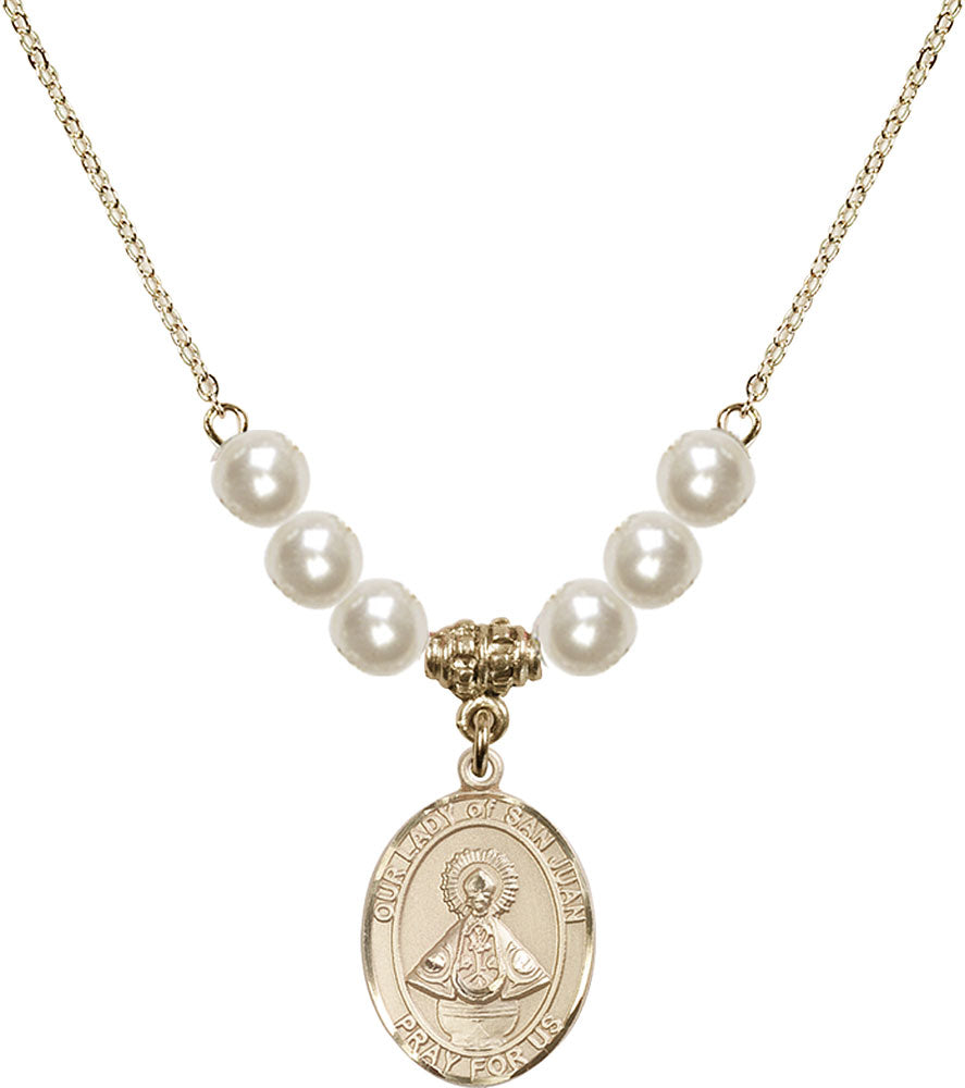 14kt Gold Filled Our Lady of San Juan Birthstone Necklace with Faux-Pearl Beads - 8263
