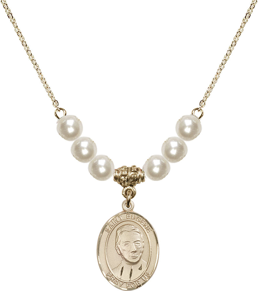 14kt Gold Filled Saint Eugene de Mazenod Birthstone Necklace with Faux-Pearl Beads - 8266
