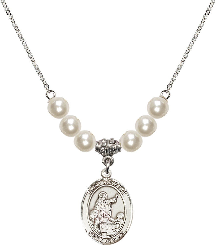 Sterling Silver Saint Colette Birthstone Necklace with Faux-Pearl Beads - 8268