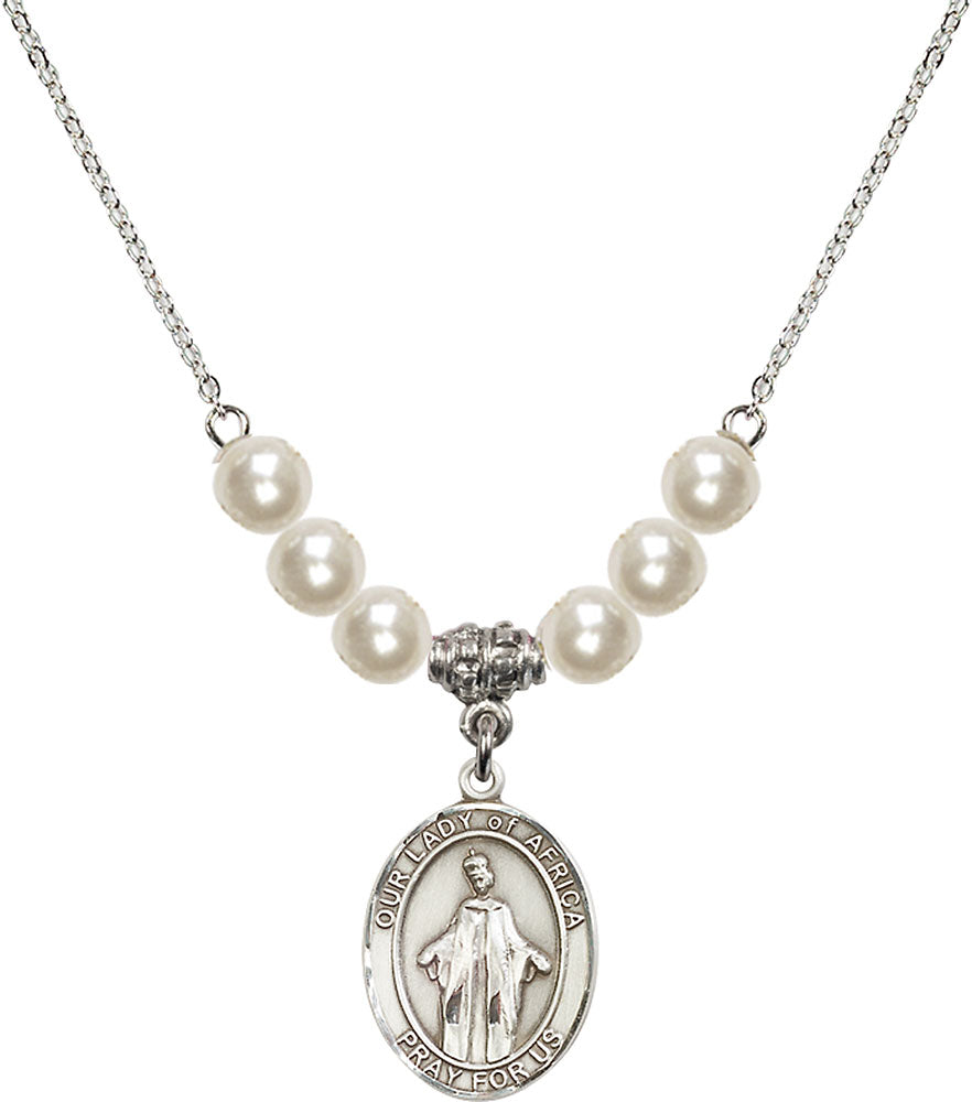 Sterling Silver Our Lady of Africa Birthstone Necklace with Faux-Pearl Beads - 8269