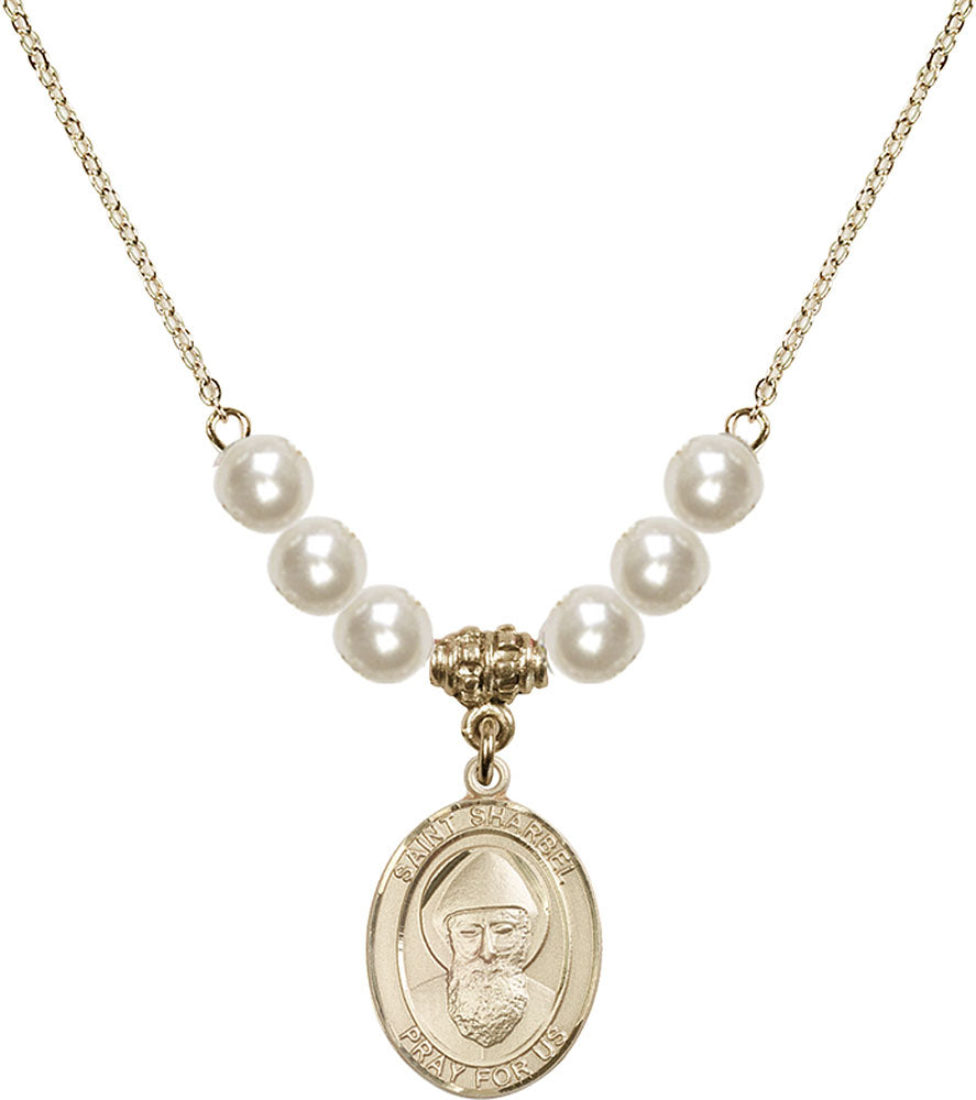14kt Gold Filled Saint Sharbel Birthstone Necklace with Faux-Pearl Beads - 8271