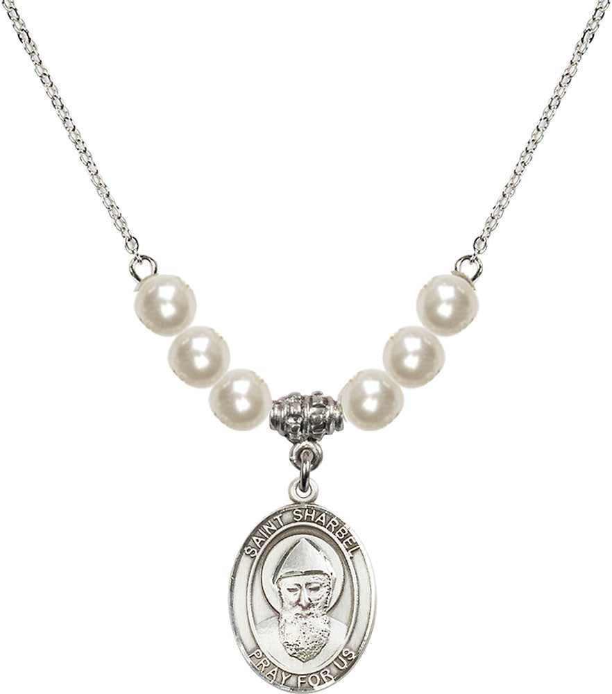 Sterling Silver Saint Sharbel Birthstone Necklace with Faux-Pearl Beads - 8271