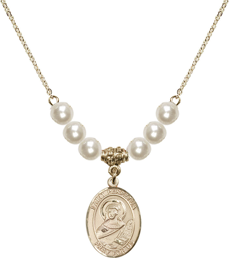 14kt Gold Filled Saint Perpetua Birthstone Necklace with Faux-Pearl Beads - 8272