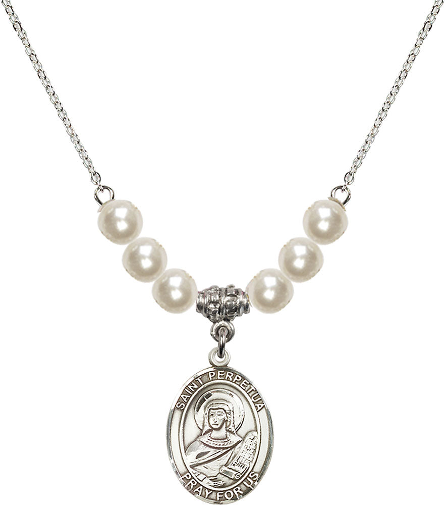 Sterling Silver Saint Perpetua Birthstone Necklace with Faux-Pearl Beads - 8272