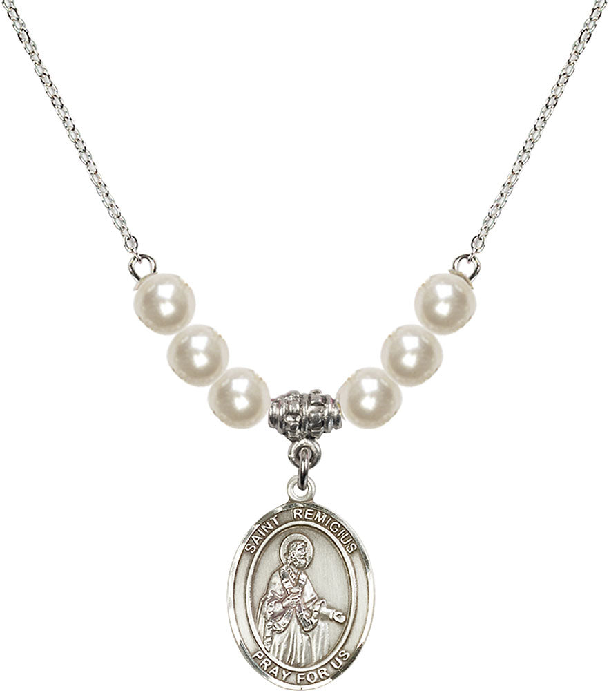 Sterling Silver Saint Remigius of Reims Birthstone Necklace with Faux-Pearl Beads - 8274