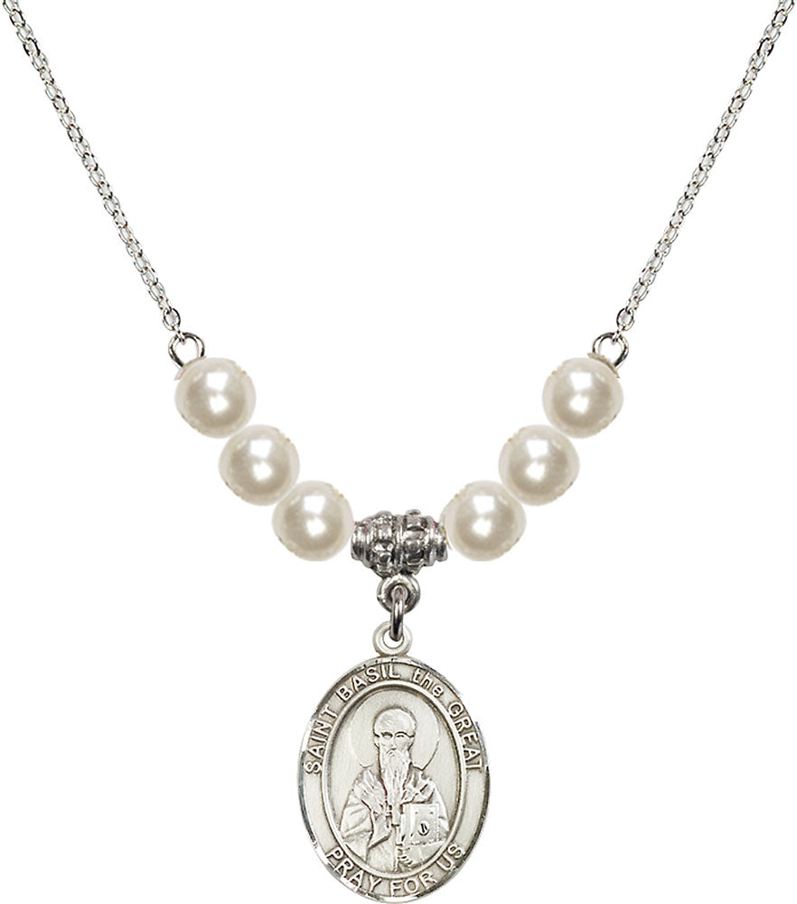 Sterling Silver Saint Basil the Great Birthstone Necklace with Faux-Pearl Beads - 8275