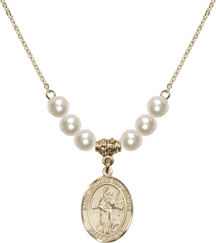 14kt Gold Filled Saint Isidore the Farmer Birthstone Necklace with Faux-Pearl Beads - 8276
