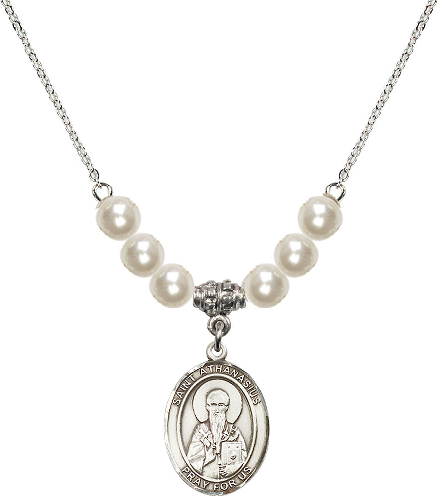 Sterling Silver Saint Athanasius Birthstone Necklace with Faux-Pearl Beads - 8296