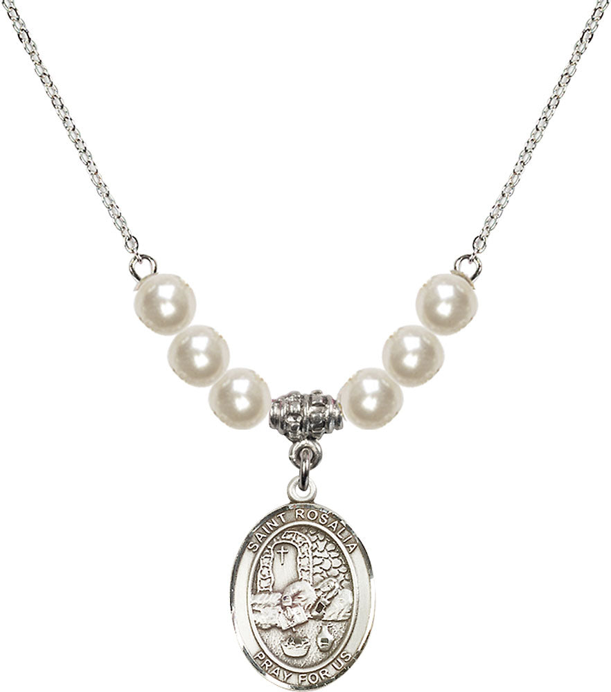 Sterling Silver Saint Rosalia Birthstone Necklace with Faux-Pearl Beads - 8309