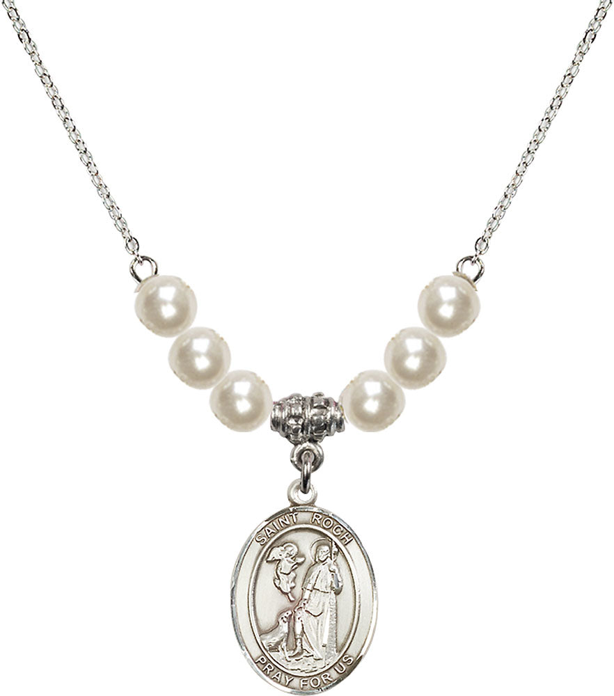 Sterling Silver Saint Roch Birthstone Necklace with Faux-Pearl Beads - 8310